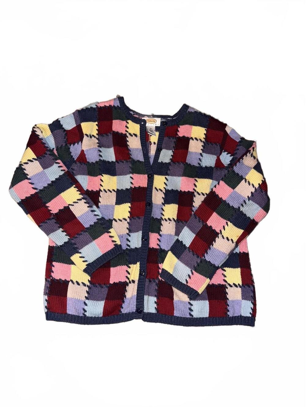 Vintage Talbots Petites Patchwork Cardigan Sweater Size M Multicolor